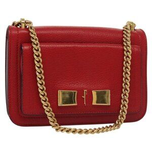 Authentic Salvatore Ferragamo Chain Vala Shoulder Bag Leather Red Gold